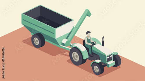 Isometric illustration of a farmer driving a tractor with a grain cart