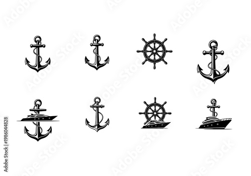 Collection of Nautical Anchor, Ship Wheel, and Yacht Vector Designs