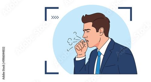 Illustration of a professional man in a business suit coughing into his hand, highlighting issues related to illness and workplace health.