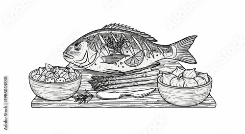 A still life illustration of a whole fish with herbs, lemons, asparagus and two bowls of food