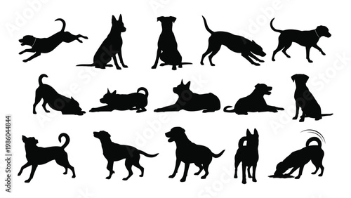 A collection of black silhouette images depicting various dog breeds in different playful poses high quality