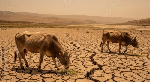 starving cows in drought landscape