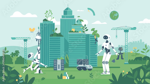 Robots are building a green eco-city with skyscrapers, construction cranes, and lush plants in an android
