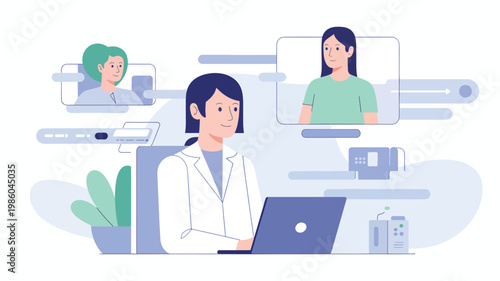 Doctor in a white coat using a laptop for consultation with patients on screen, flat physician medical