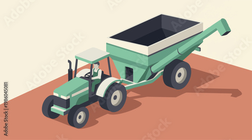Isometric illustration of a farmer driving a tractor with a grain cart