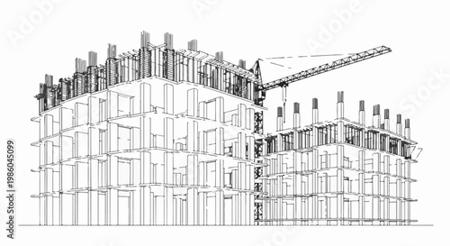 Architectural sketch of concrete building under construction with a crane