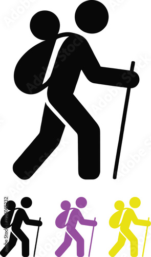 Hikers with backpacks and trekking poles in various colors