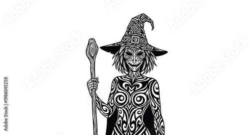 Intricate black and white illustration of a witch character covered in tribal tattoos, wearing a pointed hat and holding a staff.