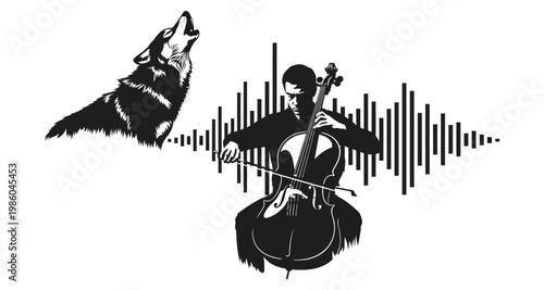 Cellist playing music with wolf howling against sound wave silhouette