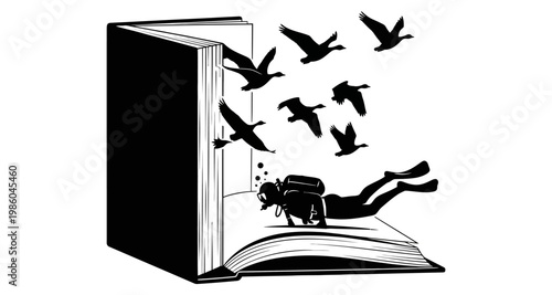 Scuba diver exploring open book with birds flying out against black background silhouette
