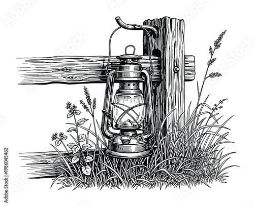 Old kerosene lantern vector graphic, rustic outdoor lighting.