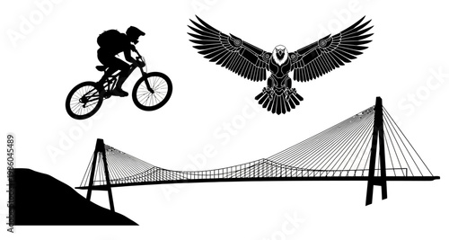 Mountain biker riding a suspension bridge with mechanical eagle silhouette