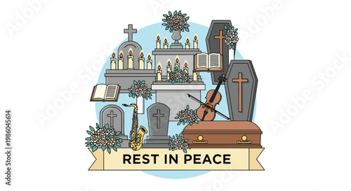 Solemn funeral-themed illustration titled Rest in Peace, featuring tombstones, coffins, candles, flowers, and musical instruments.