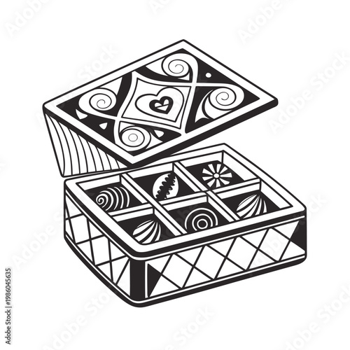 Black and white, decorative jewelry box, opened, vector illustration, line art, isolated