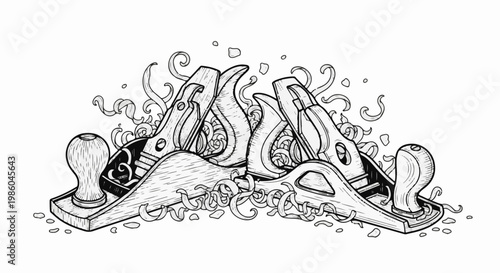 Black and white illustration of woodworking planes surrounded by wood shavings