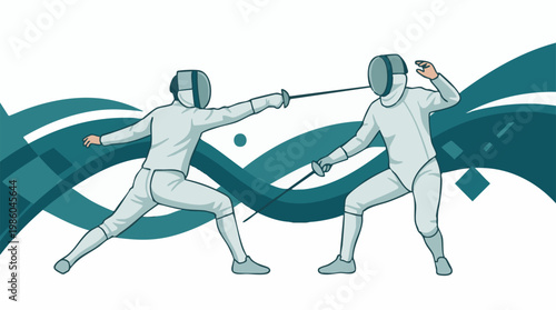 Dynamic illustration of two fencers in action during a fencing competition