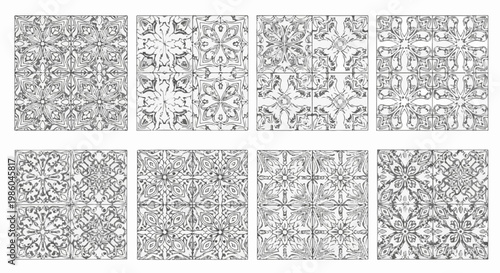 Ornate geometric floral patterns on individual tiled squares