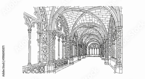 Ornate Gothic cloister with vaulted ceiling and arched windows