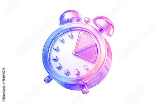 3D Iridescent Alarm Clock Icon Isolated on White Background, Vibrant Pink and Blue Shiny Glass Style for Time Management, Deadline, Morning Schedule, and Productivity Concept Rendering
