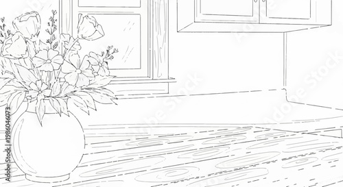 A line drawing of a vase of flowers sits on a wooden table near a window