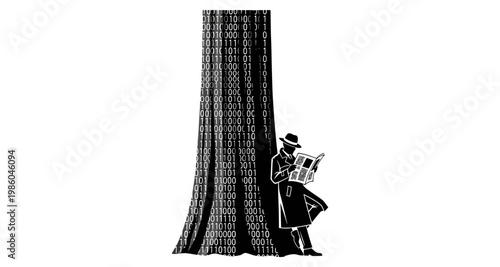Detective reading newspaper leaning against binary code tree during night silhouette