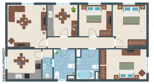 Modern architectural floor plan of a multi-room apartment with top-view furniture including bedrooms, bathrooms, and a kitchen.