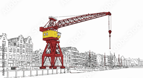 A bold red industrial crane dominates a waterfront with classic buildings