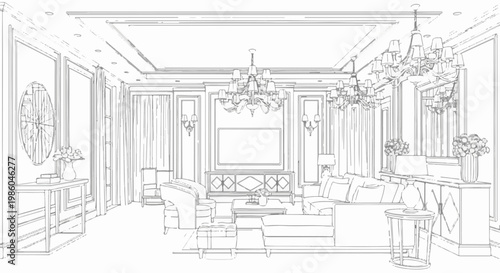 Sketch of a grand, ornate living room with chandeliers and plush seating