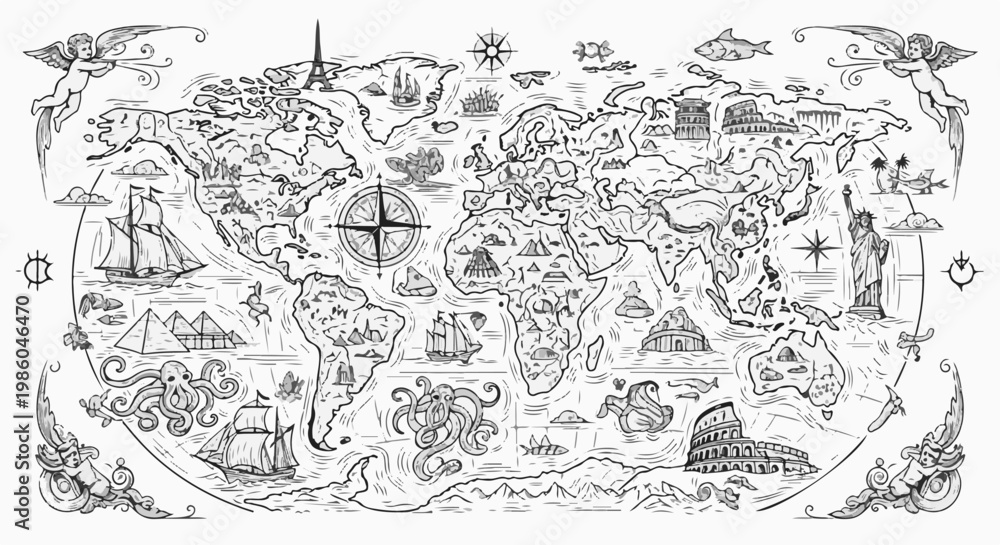 Obraz premium Whimsical hand-drawn world map with iconic landmarks, ships, and sea creatures
