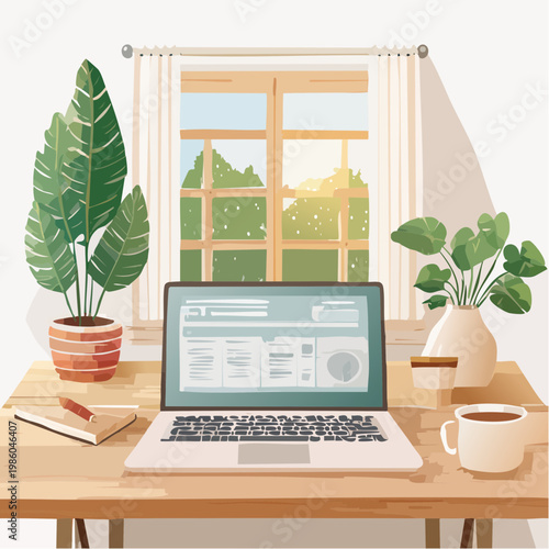 Ein gemütliches Home-Office-Setup mit einem geöffneten Laptop und einer Tasse Kaffee auf einem aufgeräumten Schreibtisch