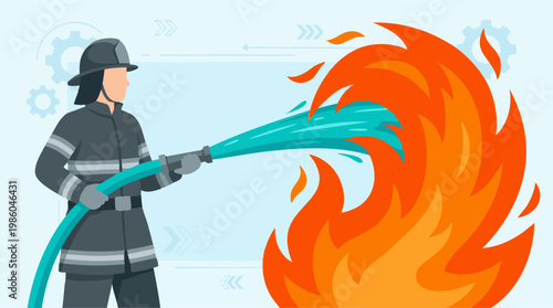 Firefighter in uniform spraying water on a large blaze with a hose