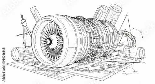 Technical drawing of a jet engine with drafting tools and blueprints