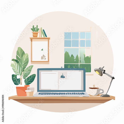 Ein gemütliches Home-Office-Setup mit einem geöffneten Laptop und einer Tasse Kaffee auf einem aufgeräumten Schreibtisch