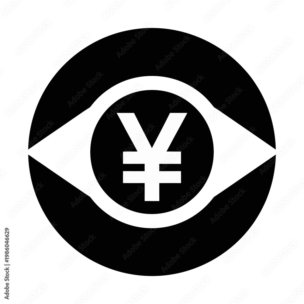 Obraz premium Vector of a stylized eye with a yen symbol in the center, set against a black circle