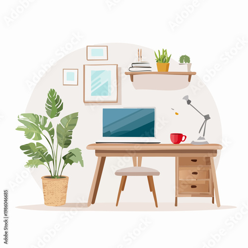 Ein gemütliches Home-Office-Setup mit einem geöffneten Laptop und einer Tasse Kaffee auf einem aufgeräumten Schreibtisch