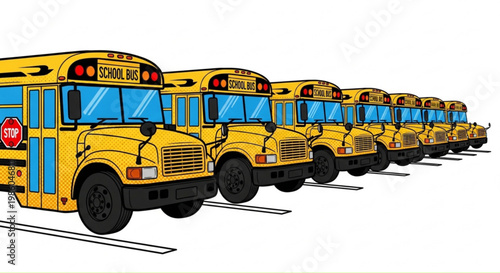 Row of school buses parked in a lot facing forward  