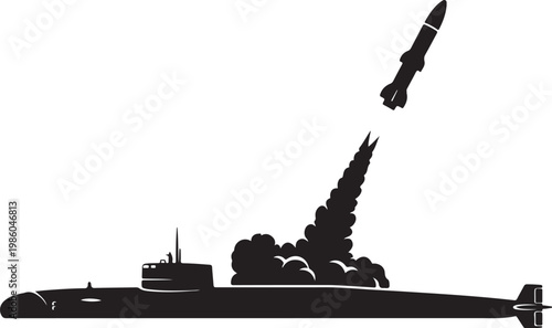 Black submarine launching missile, military vector silhouette, ocean warfare icon, naval missile launch