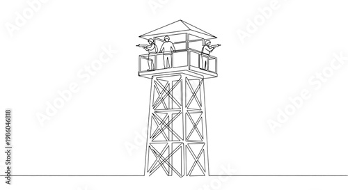 Soldiers standing on lookout tower and observing surroundings  
