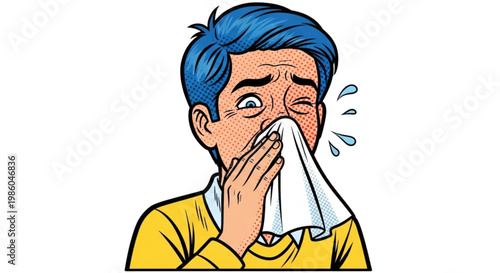 Young boy blowing nose with tissue and looking distressed  