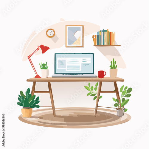 Ein gemütliches Home-Office-Setup mit einem geöffneten Laptop und einer Tasse Kaffee auf einem aufgeräumten Schreibtisch