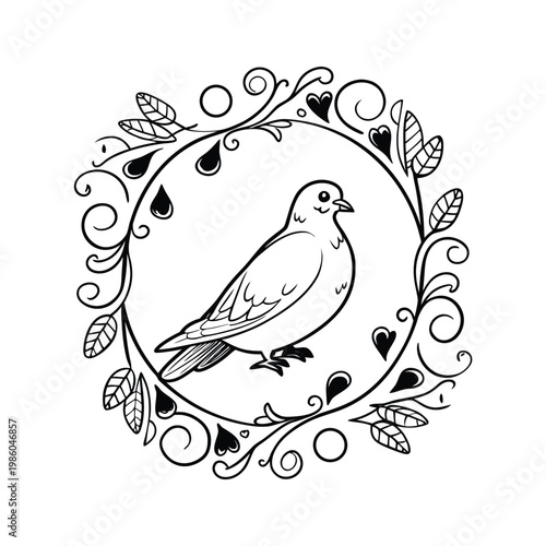Dove, bird, floral wreath, black and white, vector illustration, decorative design element, clip art