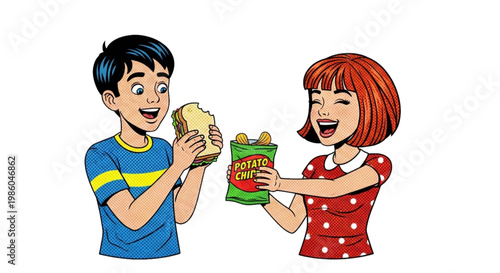 Two children sharing sandwiches and chips while having fun  