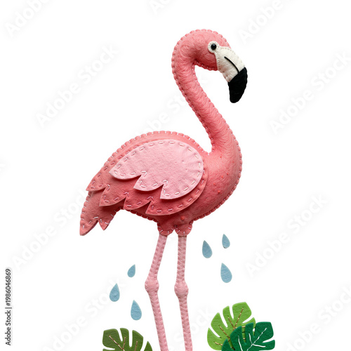 Pink Felt Flamingo with Tropical Leaves