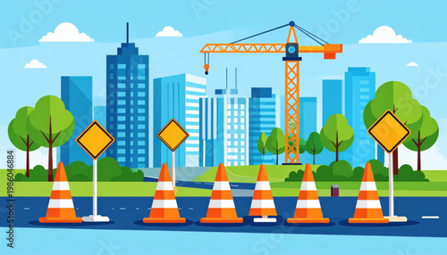 City Construction Site and Urban Development Vector Illustration with Crane, Skyscrapers, and Traffic Cones