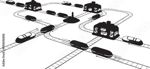 Transportation infrastructure, road and rail network, black and white illustration, city planning, vector graphics
