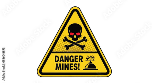 Warning sign indicating danger from landmines with skull and crossbones  