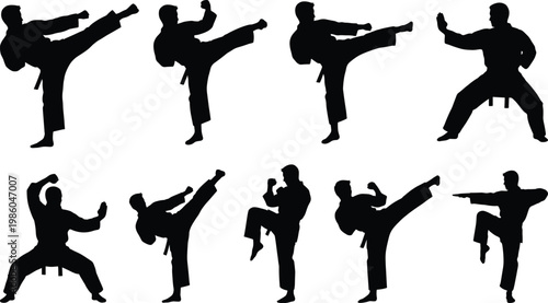 Martial arts silhouettes set, karate and taekwondo fighters performing kicks and combat poses, black vector collection for sports, training, self defense and action design use