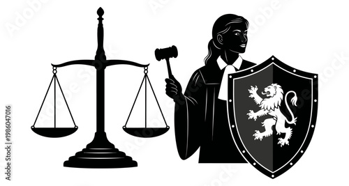 Judge with gavel and shield against scales of justice during legal proceedings silhouette