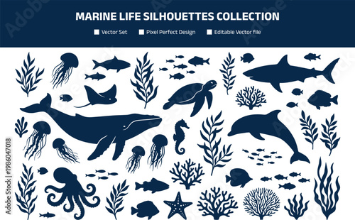 Photography Marine life silhouettes collection, ocean animals including whale, dolphin, shar