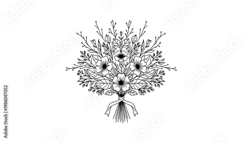 Elegant stylized floral bouquet with leaves and twigs in minimal black line art isolated on white background vector